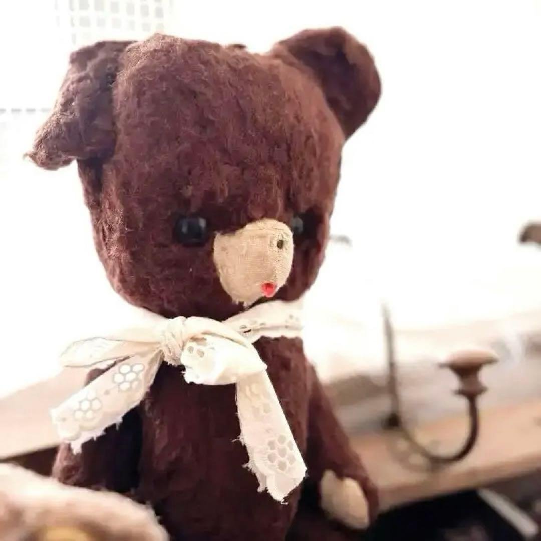 アンティーク　テディベア 茶色のリボン付きぬいぐるみ 約30cm