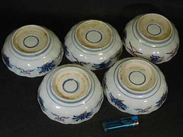 【時代磁器　古伊万里　染錦若松牡丹紋　輪花ナマス皿（５枚）】