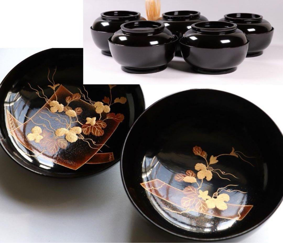 輪島塗 蔦金蒔絵 梨地 黒塗椀 五客 木製漆器 / 伝統工芸品 漆芸