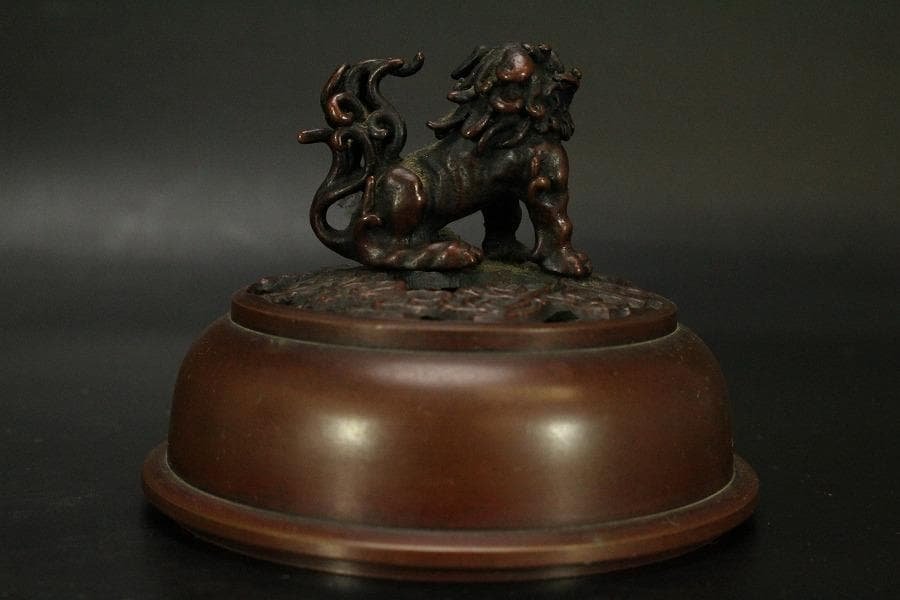 銅 獅子蓋 香炉 在銘 高22cm(LC535)