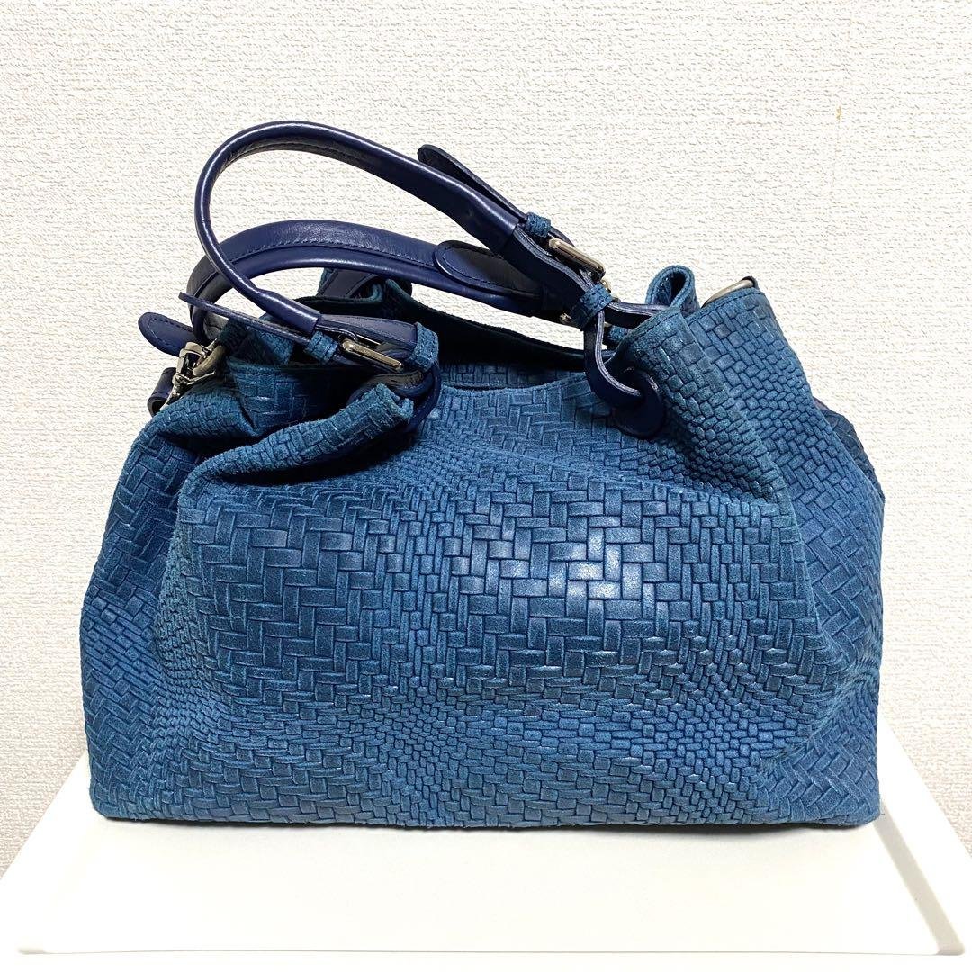 【ほぼ新品】 かねまつ メッシュ ショルダーバッグ ブルー 2way イタリア製
