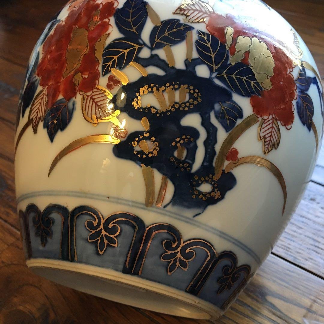 美品！経年70年以上 有田焼 染錦 牡丹 金彩 花入 花器 壺 飾壺 骨董品
