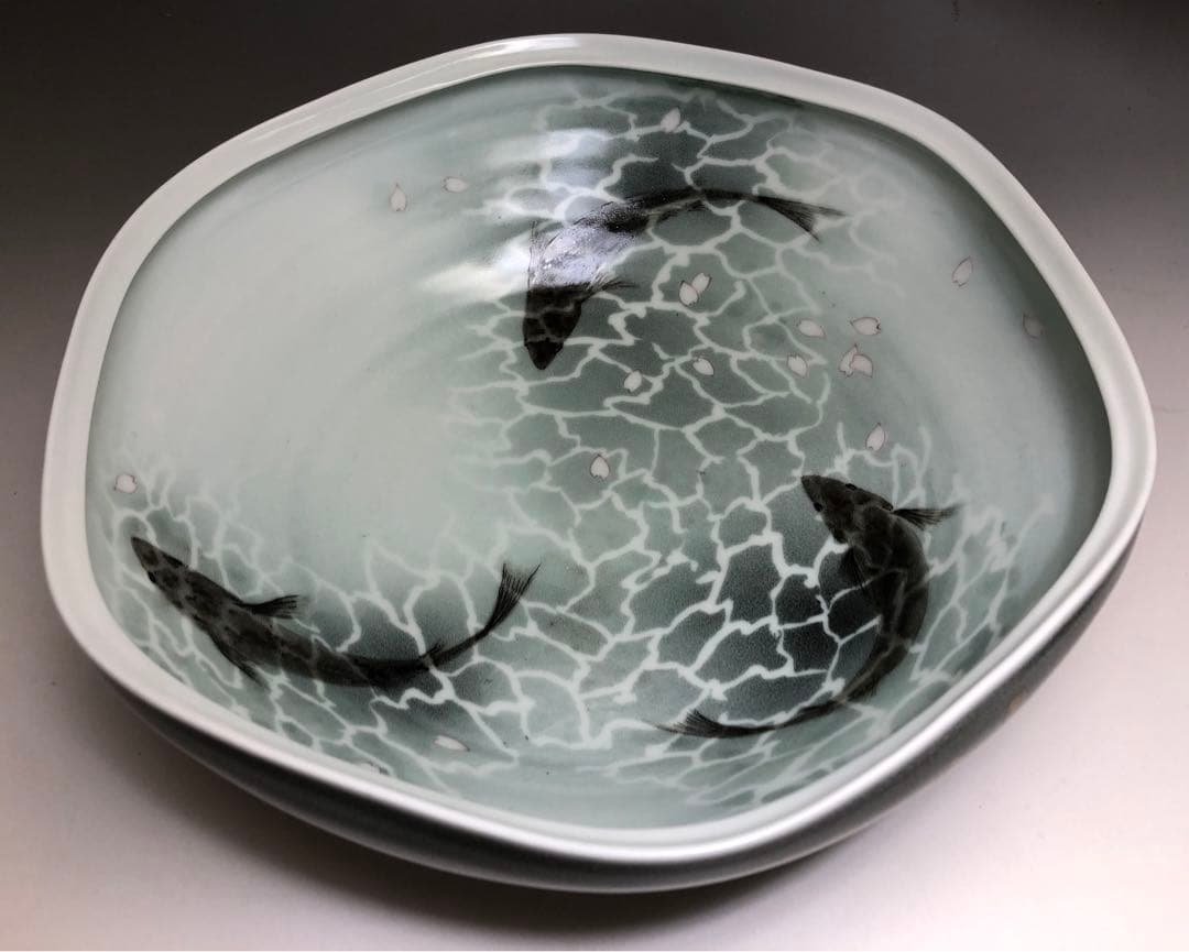 末岡信彦作　釉描色絵桜魚水面図鉢 共箱　日本美術　皿　インテリア　藤本能道愛弟子