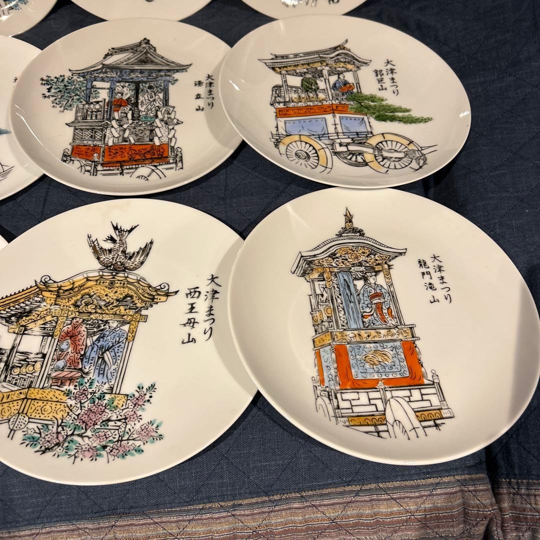 骨董　大津絵　大津祭　和陶器　皿　山車デザインの皿セット（12枚）　直径約21㎝