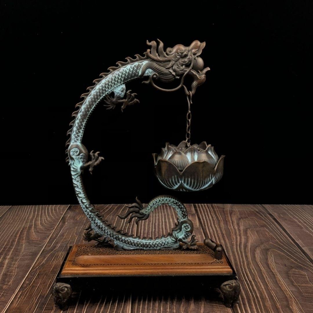 銅 細工 彩藍蓮華龍弔り式香炉 倒流香 装飾品 現代工芸品 美術品 置物