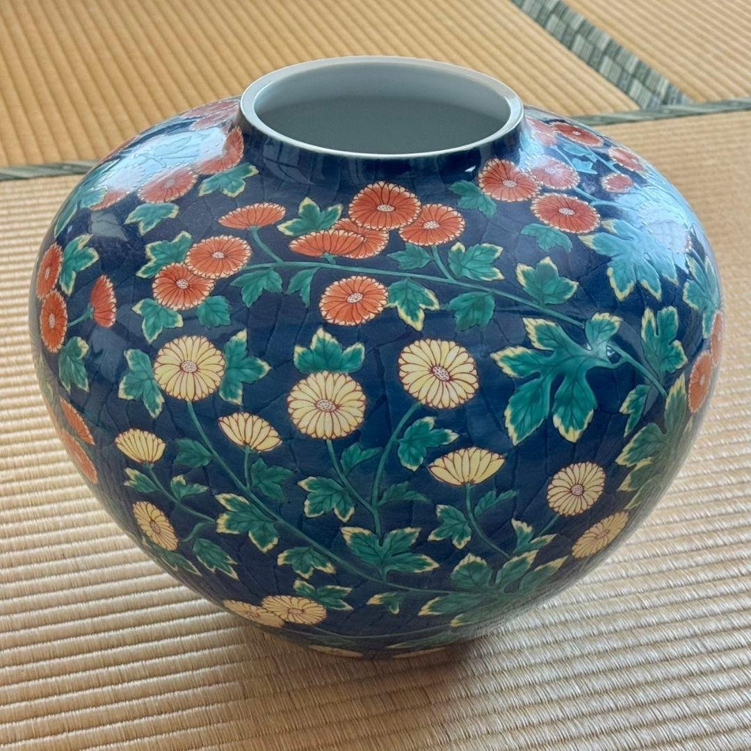 有田焼 藤井錦彩 作 染錦菊絵 花瓶 箱入り