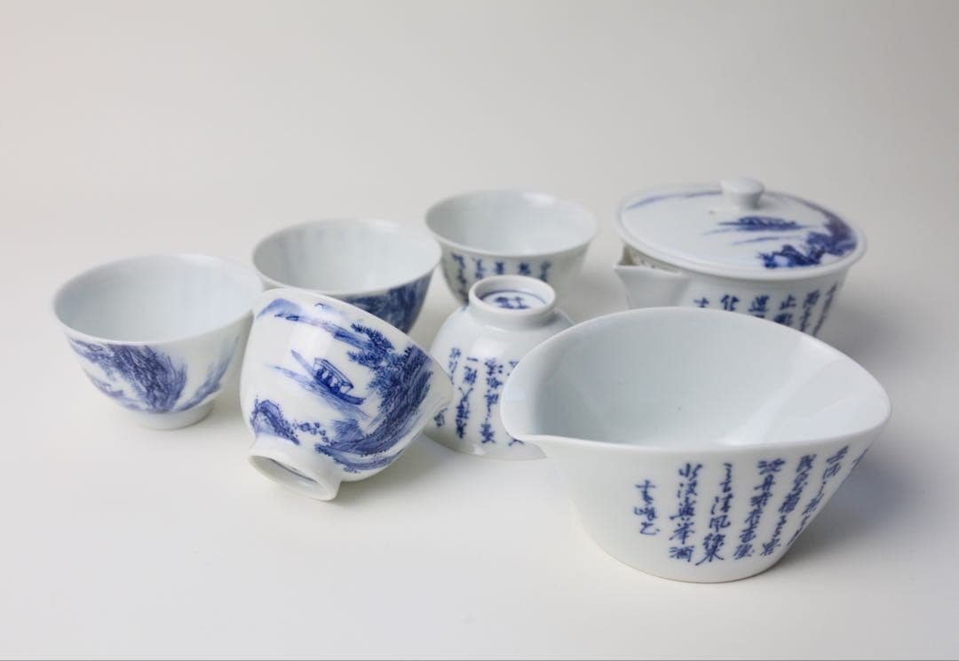 平安　春峰　染付　煎茶器　宝瓶　漢詩　茶碗　湯冷まし