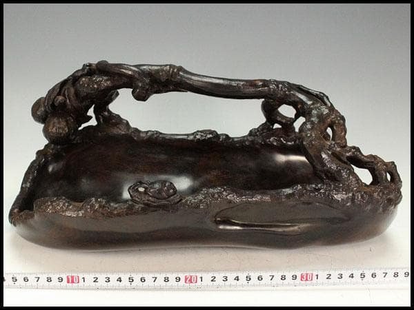 中国美術 紫檀 刻 枝果実 蝸牛 手付 器 39cm 希少(K-A237)