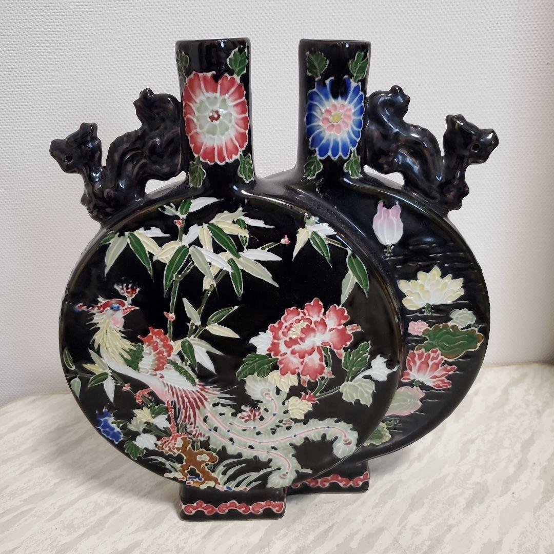 黒地陽刻花鳥文二口偏壺 大清雍正年製 740