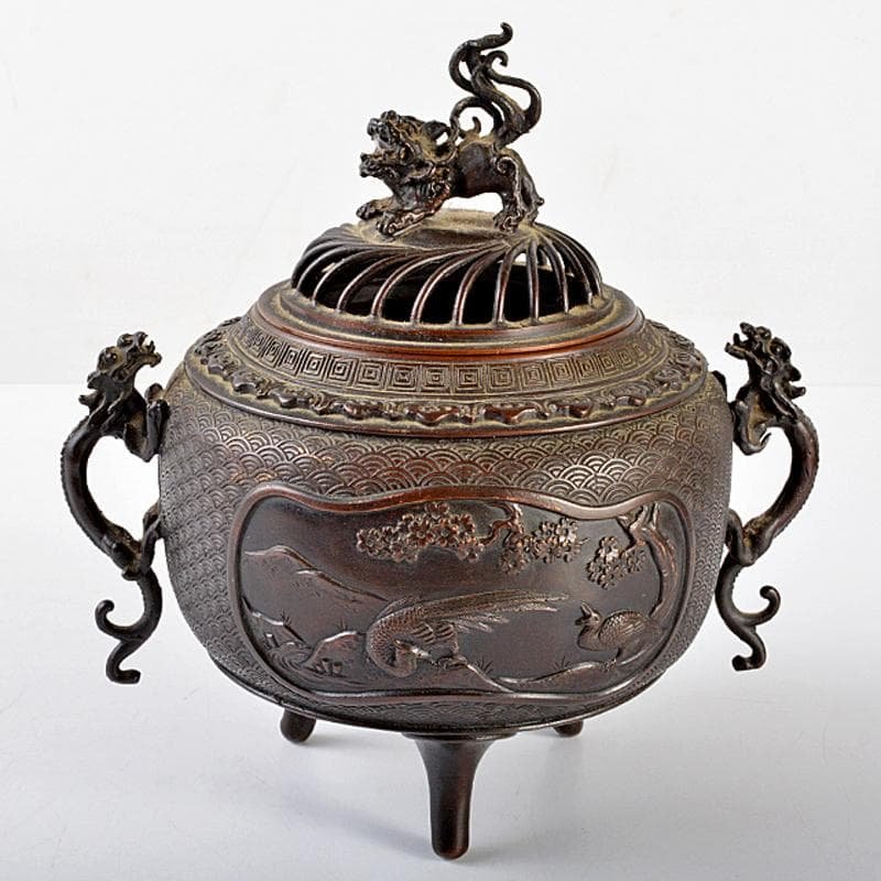 高岡銅器　米田秀保作　蝋型鋳銅　獅子摘　山水鳥文　双龍耳香炉　M　R5503