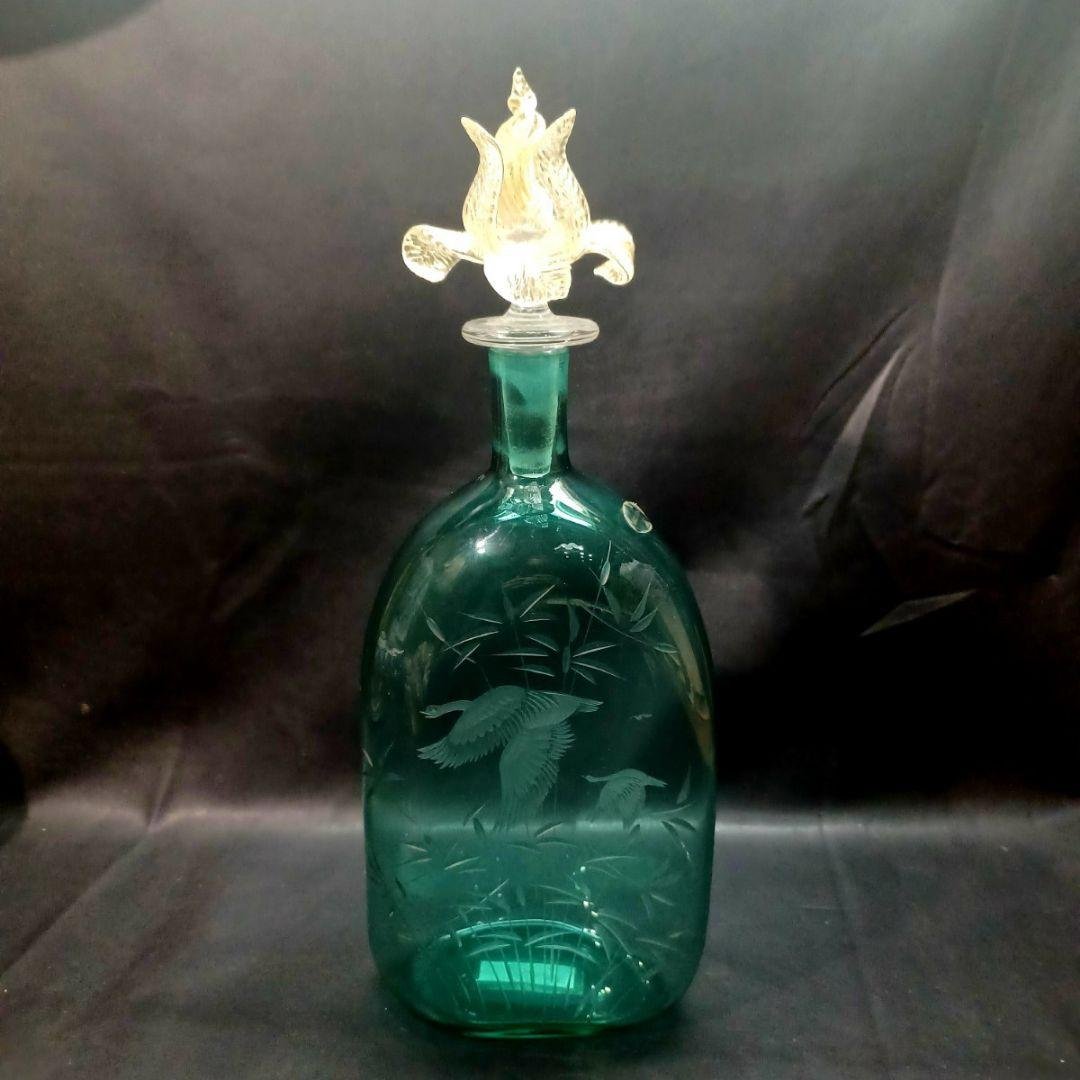 MURANO 36㎝ ムラノ 花鳥文 グリーン デカンタ ボトル 瓶