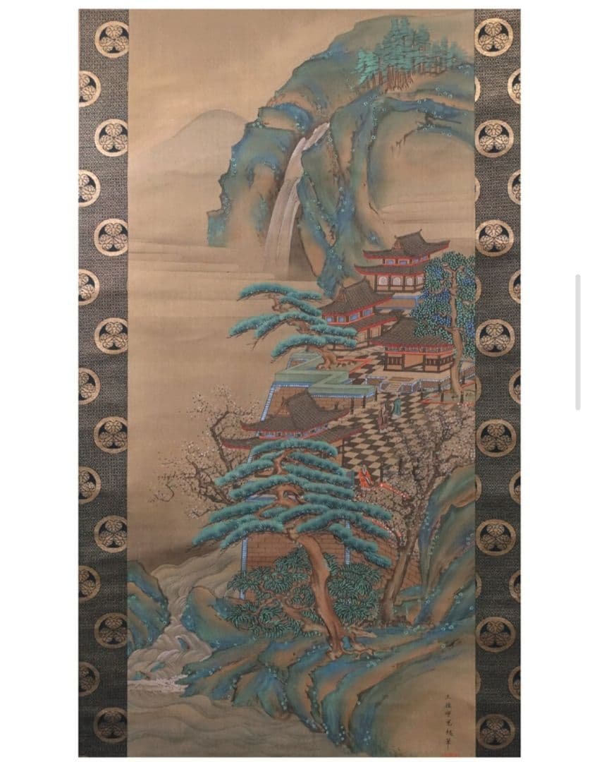 土佐光起 真筆 慶應三年以降の作 絹本 着色楼閣山水図 双幅 徳川家葵御紋表