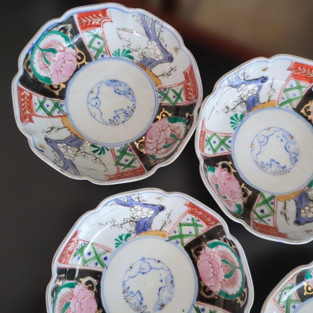 骨董　伊万里　色絵　なます皿　皿　陶器　梅に燕　花弁形　5枚〜