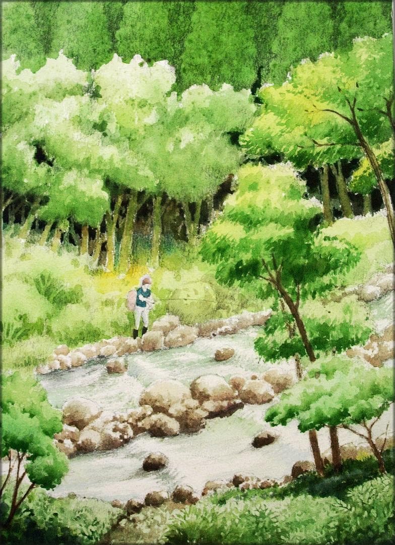 絵画「渓流の釣り」　水彩画