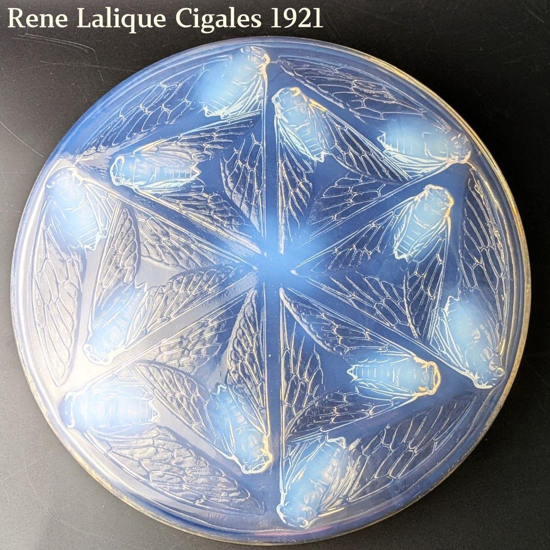 ラリックCigales 1921年セミ紋様26cm大蓋物 純正台座付　極希少